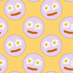 Fried Eggs and sausage Cute emoticons Seamless Pattern Motivation or Manu Cards Thematic Background