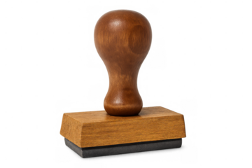 Wooden rubber stamp with ergonomic handle, showcasing clean lines and vintage design, resting on transparent surface