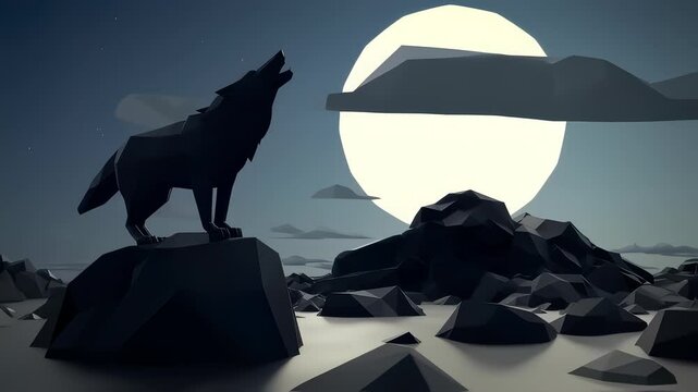 Low-Poly Polygonal Wolf Howling at Full Moon