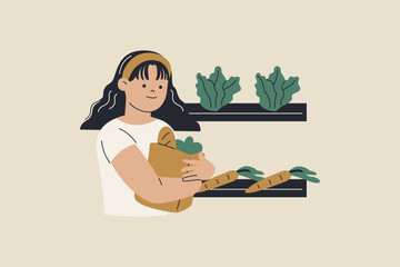 Woman Holding Groceries with Vegetables Illustration