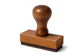 Classic wooden rubber stamp casting a shadow on a transparent background, ready for customization and branding