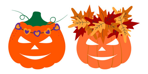 Cartoon Halloween Pumpkins decorated hearts and Autumn leaves Wreaths Cute Halloween Characters Set
