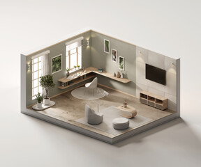 Isometric view living room minimal cozy style open inside interior architecture 3d rendering