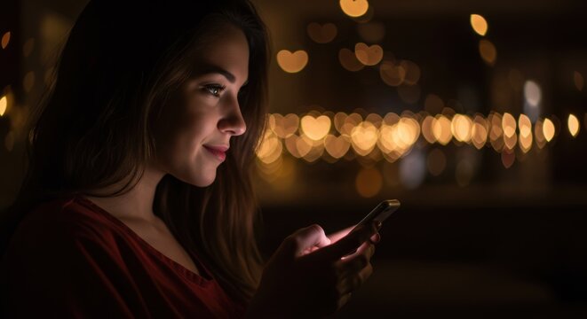 Woman lost in the glow of her phone, illuminated by screen and soft bokeh lights, A captivating portrait of modern connection in a darkened setting