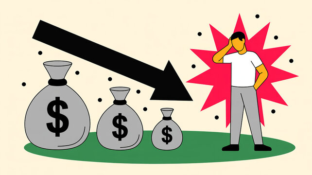 Financial Crisis Illustration: A man stands beside shrinking money bags, a large downward-pointing arrow signifying financial decline and economic hardship.