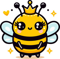 Cute Queen Bee Cartoon – Adorable Smiling Bee with Crown and Sparkles for Kids and Nursery Design
