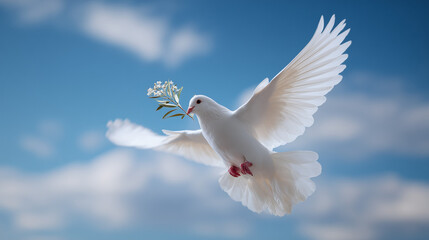 Fototapeta premium A white dove with outstretched wings is flying in a clear blue sky, holding an olive branch in its beak. The sun shines brightly, illuminating the bird and creating a peaceful, serene scene