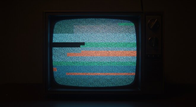 Vintage TV with Static Screen Displaying Horizontal Bars, Retro Television Set with Unstable Signal in a Dark Room
