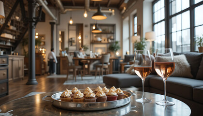 Fototapeta premium “Loft apartment with industrial lighting, metallic tray of cupcakes, and a glass of rosé on a coffee table.”