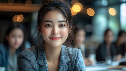 A professional woman discussing business metrics in a high tech conference room