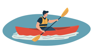 Minimalist vector of a man kayaking in a red kayak on calm blue water. Dynamic outdoor adventure graphic ideal for travel, sports, tourism, presentations, and web design.