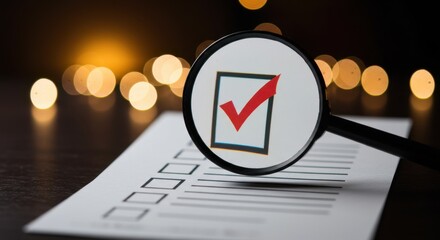 Close-up of Magnifying Glass Over Checklist with Red Check Mark in Box, Completing Tasks and Confirming Choices with Careful Review