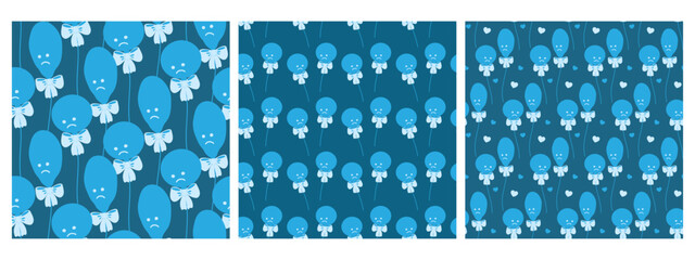 Hand Drawn Blue Balloons Round and Deflated Seamless Patterns on Dark Blue Backdrop Holiday Fond Set