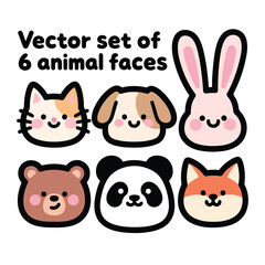 Vector art of vector set of six cartoon animal faces including a cat dog rabbit panda fox and bear isolated on white background