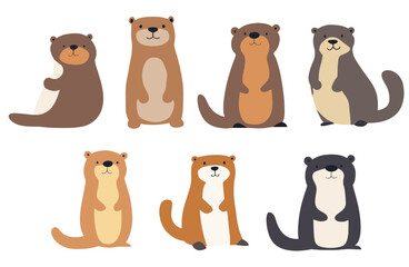 Set of seven minimalist vector otters in warm brown and beige tones with playful poses. Charming flat-design illustrations ideal for children’s decor, wildlife branding, web graphics, and print.