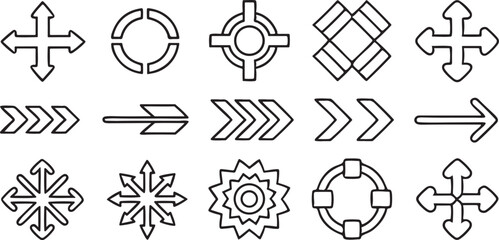 Infographic Arrow Line Icons Set Featuring 30 Unique Editable Black Outline Vector Icons for Presentations