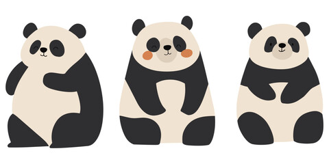 Three minimalist panda vectors in soft cream and charcoal tones with rosy cheeks and relaxed poses. Perfect for nursery decor, children’s books, greeting cards, web graphics, and playful branding.