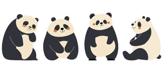 Set of four minimalist vector pandas in soft cream and charcoal tones, each in a relaxed pose with rosy cheeks. Charming design perfect for children’s decor, greeting cards, web graphics, and print.