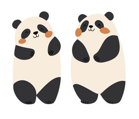 Adorable minimalist vector illustration of two happy pandas with rosy cheeks and rounded forms in a soft black-and-cream palette. Perfect for nursery decor, children’s books, greeting cards.