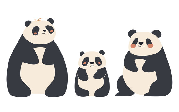 Vector illustration of a panda family trio adult, juvenile, and baby in minimalist cream and charcoal tones with rosy cheeks. Charming design for nursery decor, children&rsquo;s books, baby shower invites.