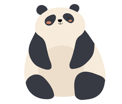 Cute minimalist vector illustration of a smiling panda with rosy cheeks and rounded form in soft cream and charcoal tones. Ideal for nursery art, greeting cards, kid-friendly branding, and web design.