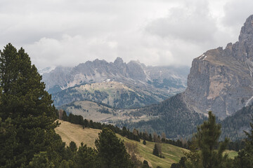 Mountain view with cloudy sky and forest in Dolomites, Italy.