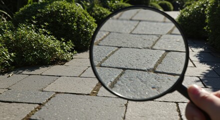 Close-up of Paving Stones Through a Magnifying Glass, Observing a Paved Path in Detail with Magnifying Lens