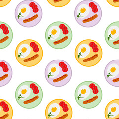 Fried Egg with Grilled sausages and Tomato slices on colorful plates Seamless Pattern Domestic food