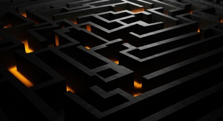 Abstract dark maze with glowing orange light underneath, High-angle shot of a complex maze illuminated from below