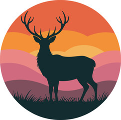 Majestic Dark Silhouette Deer Antlered Standing Grassland Sunset Orange Pink Purple Hues Mountains Background