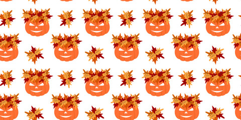 Cartoon Halloween Pumpkins in Wreath and Autumn leaves bouquets Seamless Pattern Halloween Backdrop