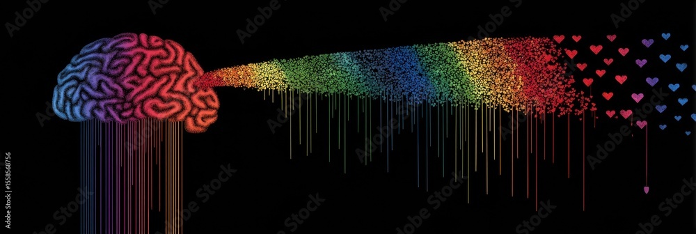 Poster conceptual art of rainbow flowing from brain to heart symbolizing neurodiversity and emotional conne