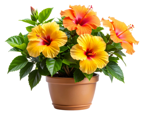 A realistic potted hibiscus plant with vivid yellow and orange blossoms, placed in a