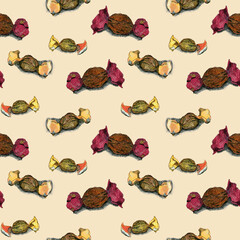 Hand Drawn Candy Seamless Pattern – Sketch Style Sweets with Colored Pencils and Ink