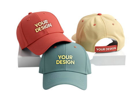 Three baseball caps in red teal and yellow with customizable design text headwear