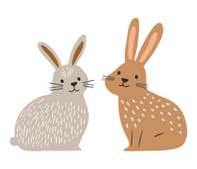 Minimalist vector illustration of two hand-drawn rabbits in neutral gray and brown tones with simple spot textures and friendly expressions. Ideal for Easter cards, nursery decor, children’s books.