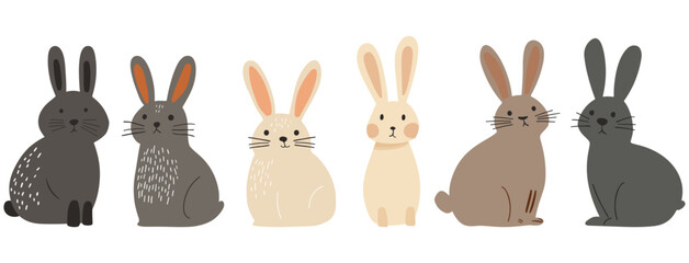Set of six minimalist hand-drawn bunny vectors in neutral beige, brown, and gray tones with simple line textures. Perfect for Easter, nursery decor, greeting cards, web graphics, and playful spring de
