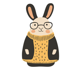 Charming minimalist vector illustration of a bespectacled bunny in a cozy mustard sweater, with rosy cheeks and simple line art. Ideal for children’s decor, greeting cards, branding, and web design.