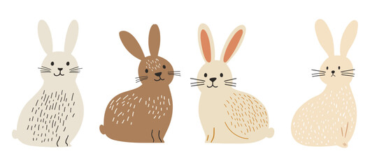 Four minimalist hand-drawn bunny vectors in neutral cream and brown tones, featuring simple line textures and playful expressions. Perfect for Easter, nursery decor, greeting cards, web and print desi