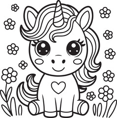 Adorable Cartoon Unicorn Coloring Page Black White Line Art Cute Flowers Heart Design vector
