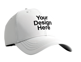 White baseball cap mockup with black text Your Design Here white cap blank