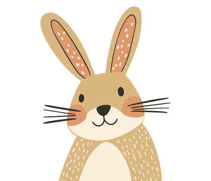 Charming minimalist vector illustration of a friendly bunny face with rosy cheeks and long ears in warm beige tones. Ideal for children&rsquo;s decor, Easter cards, greeting designs, and playful branding.