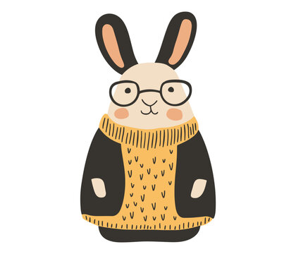 Charming minimalist vector illustration of a bespectacled bunny in a cozy mustard sweater, with rosy cheeks and simple line art. Ideal for children&rsquo;s decor, greeting cards, branding, and web design.