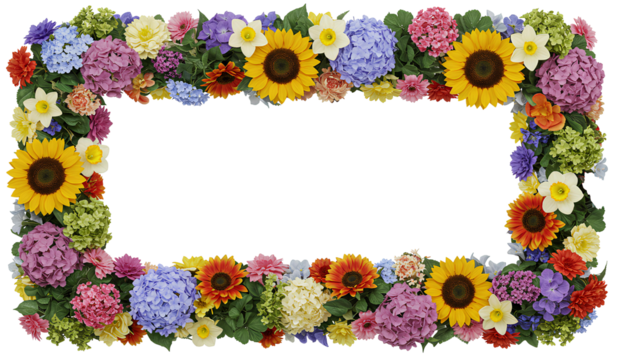 flower frame PNG. Colorful border frame full of flowers top view flat lay isolated. flowers rectangular frame for natural, wedding and botany themes isolated
