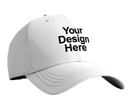 White baseball cap mockup with black text Your Design Here white cap blank
