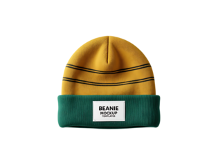 Yellow and green knitted beanie with black stripes and label winter hat headwear