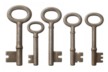 Five worn metallic antique keys isolated on a transparent background, evoking concepts of security, mystery, and access