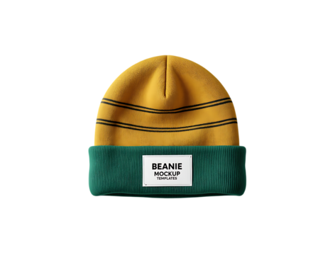 Yellow and green knitted beanie with black stripes and label winter hat headwear