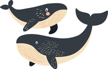 Set of playful, minimalist vector whale illustrations in muted gray and beige, with rosy cheeks, spots and stripes. Ideal for children’s books, nursery decor, ocean-themed branding and web graphics.