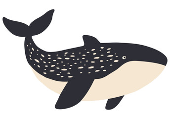 Set of playful, minimalist vector whale illustrations in muted gray and beige, with rosy cheeks, spots and stripes. Ideal for children’s books, nursery decor, ocean-themed branding and web graphics.